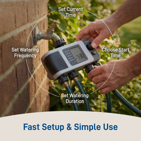 Person adjusting Must-Have 4 Port Smart Hose Watering Timer With Wi-Fi Hub And WeatherSense Auto Watering on brick wall