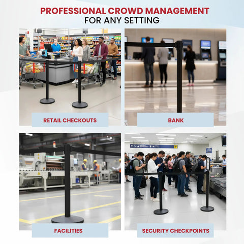 Beefy Two Pack Stanchion Belt Barriers with 11 Foot Black Belts and 40 Inch Posts used in various indoor settings for crowd control