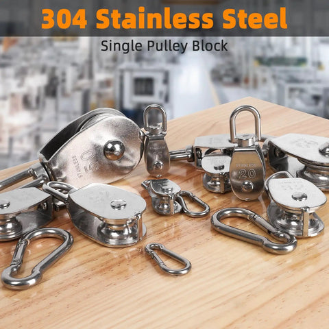 5 Pack 304 Stainless Steel M15 Pulley Block Set With 360 Degree Swivel And 5 Spring Snap Hooks Built Tough Heavy Duty Wire Rope Towing Wheel For Lifting Hoisting Crane Use Outdoor All Weather Rust Resistant, 304 stainless steel single pulley block with hooks