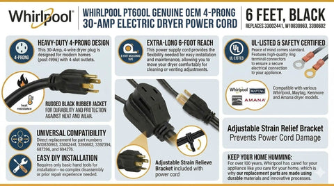 Infographic of Genuine OEM 4 Prong 30 Amp Dryer Power Cord 6 Foot Heavy Duty Black 4 Wire Plug With Rugged Rubber Jacket details