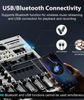 Professional Audio Mixer With USB Interface For Stage And Live Gigs Four Channel DJ Mixer with smartphone connecting via Bluetooth.