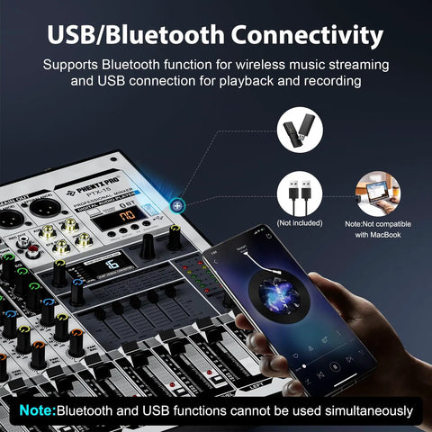 Professional Audio Mixer With USB Interface For Stage And Live Gigs Four Channel DJ Mixer with smartphone connecting via Bluetooth.