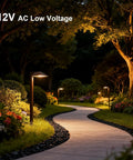 Low Voltage Landscape Path Lights 8 Pack Kit LED 22 Lumen Outdoor Walkway Pathway Lighting Wired Bronze Finish 3100K Warm White With Cable Connectors Easy Install For Your Yard illuminating a garden path at night.