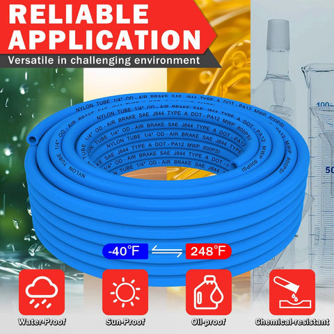 Blue nylon air line tubing kit, coiled, with 1/4" and 3/8" OD tubing for pneumatic systems