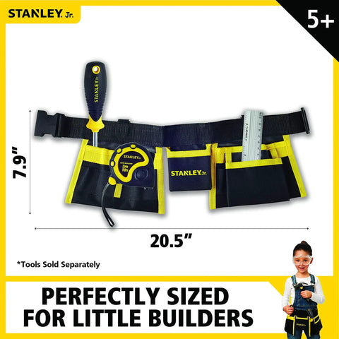 Junior Tool Belt Set For Kids Ages 5 And Up with realistic play tools and tough high strength fabric in mixed colors, pictured with dimensions