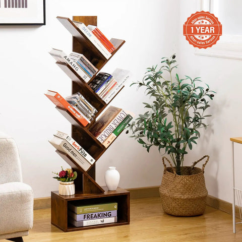 6 Shelf Retro Floor Standing Bookcase In Rustic Brown with books and decor in a modern living room setting