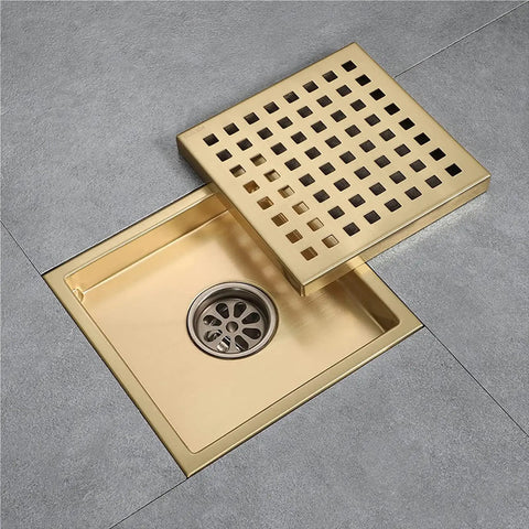 Top Shelf Six Inch Square Shower Floor Drain With Removable Grate And No Sweat Hair Catcher Rust Resistant Stainless Steel Bathroom Tile Drain Cover For Home Showers Matte Black Quick Flip with gold drain grate on tile floor