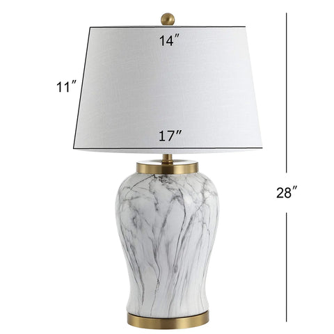 28-Inch White And Gold Ceramic Marble LED Table Lamp With Hand-Painted Faux Marble Base And White Linen Drum Shade For Living Room And Bedroom LED Bulb Included
