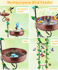 Multipurpose bird feeder with bird bath, copper finish, nest with eggs, supports scramble plants, designed for garden use.