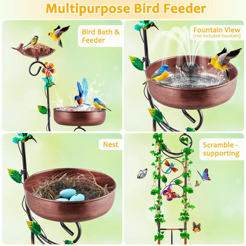 Multipurpose bird feeder with bird bath, copper finish, nest with eggs, supports scramble plants, designed for garden use.