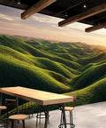 Custom Peel And Stick Wall Mural Featuring Lush Green Meadow Scene in a dining area, 430x300cm, waterproof matte finish.