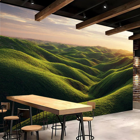 Custom Peel And Stick Wall Mural Featuring Lush Green Meadow Scene in a dining area, 430x300cm, waterproof matte finish.