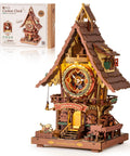 Dope 3D Wooden Cuckoo Clock Kit For Adults, 435-Piece Buildable Model With Two Lights, elaborate clock design on display