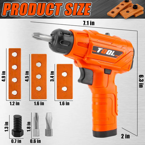 Realistic Kids Electric Drill Set For Ages 3 And Up showing size and components, including drill bits and wooden boards.