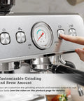Top Shelf Espresso Machine With Built In Grinder And 20 Bar Pressure Sleek Milk Frother For Creamy Lattes And Perfect Cappuccinos 30 Precise Grind Settings Brushed Silver Finish showing control panel and customizable grinding options.