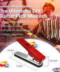 DIY Guitar Picks Punch Mega Pack For Musicians Custom Pick Maker Kit with red punch tool and colorful picks on stage.