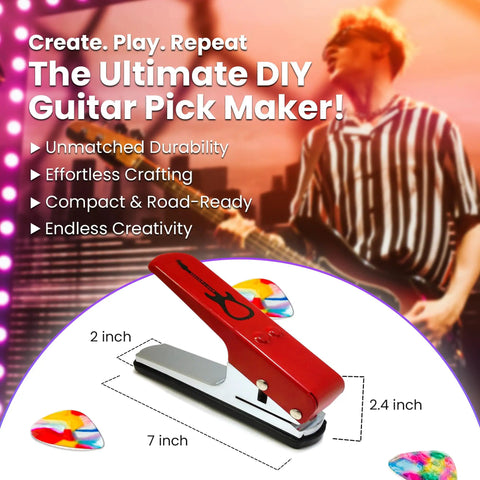 DIY Guitar Picks Punch Mega Pack For Musicians Custom Pick Maker Kit with red punch tool and colorful picks on stage.