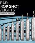 Lineup of lead drop shot weights with V shaped eyelet, ideal for 1/2 oz pencil sinkers for quick rig swaps in fishing.