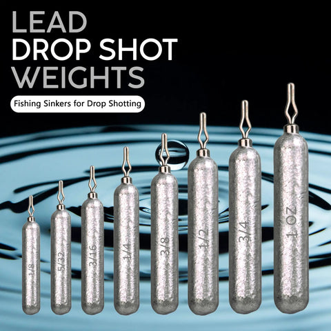 Lineup of lead drop shot weights with V shaped eyelet, ideal for 1/2 oz pencil sinkers for quick rig swaps in fishing.