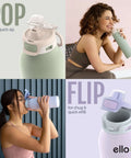 Pop And Fill 22oz Stainless Steel Water Bottle With Quick Fill Lid Dual Sip Or Chug Pistachio in use by two women