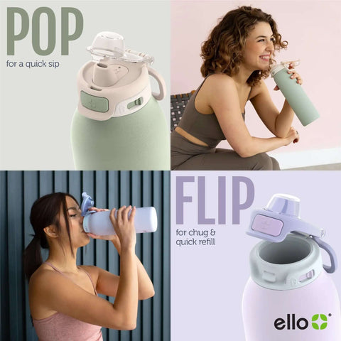 Pop And Fill 22oz Stainless Steel Water Bottle With Quick Fill Lid Dual Sip Or Chug Pistachio in use by two women