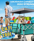 Beach Wagon With Balloon Wheels For Sand, Extra Large 200L Cargo Cart With Canopy, Heavy Duty Folding Wagon Holds 440 Lbs