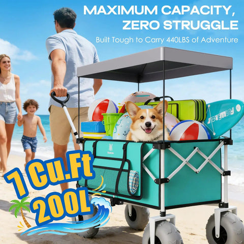Beach Wagon With Balloon Wheels For Sand, Extra Large 200L Cargo Cart With Canopy, Heavy Duty Folding Wagon Holds 440 Lbs