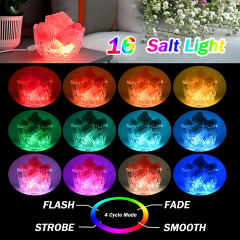 USB Himalayan Salt Lamp Bowl With Natural Crystal Chunks, 16 Colors And 4 Light Modes, LED lighting options displayed
