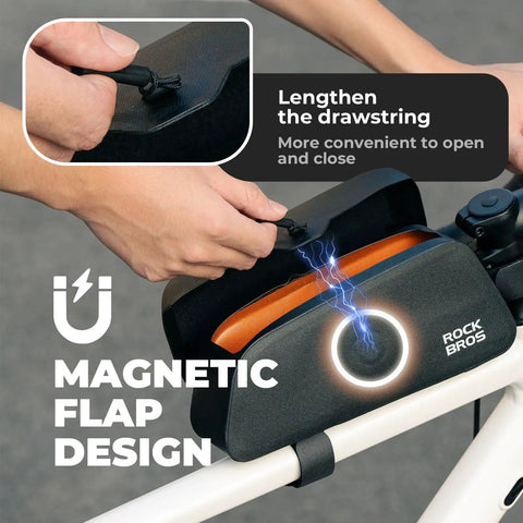 Person securing Magnetic Flap Top Tube Bike Bag Waterproof Frame Storage For Road And MTB Bikes Quick Access Tool Kit Pockets L Size