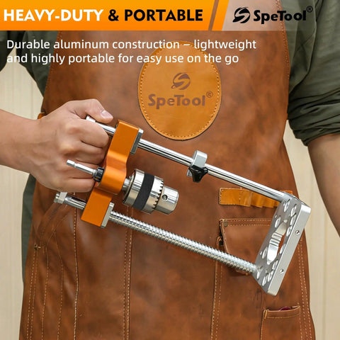 Person holding Auto Line Portable Drill Guide with 1/2 inch chuck, aluminum body, for precise 160 mm depth drilling.