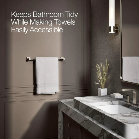 Parallel 18 Inch Towel Bar In Vibrant Brushed Nickel Finish for a Cool Modern Bathroom Vibe, mounted on a grey wall above marble sink