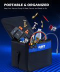 Heavy Duty Auto AC Vacuum Pump Kit With Four CFM One Third HP Motor Plus Four Way Manifold Gauge Leak Detector and organized components in a portable bag.