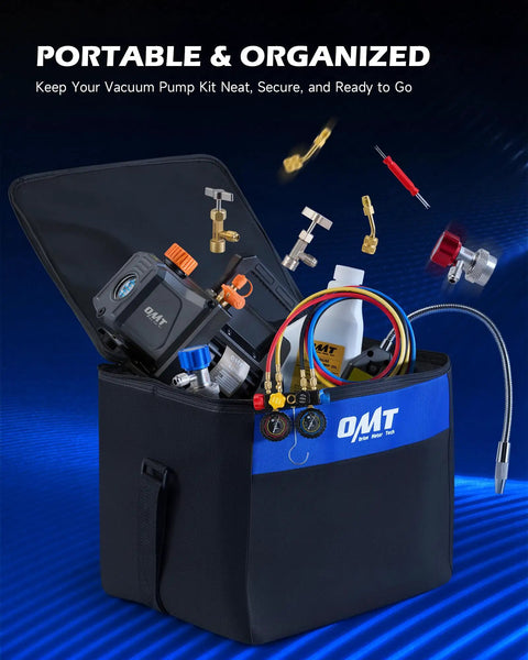 Heavy Duty Auto AC Vacuum Pump Kit With Four CFM One Third HP Motor Plus Four Way Manifold Gauge Leak Detector and organized components in a portable bag.