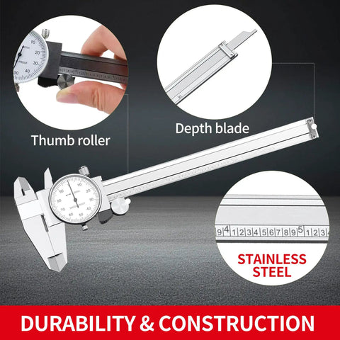 0-6 Inch Dial Caliper Measuring Tool In Imperial Stainless Steel With 4 Way Inside Outside Depth And Step Measurements