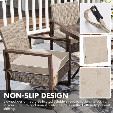 Beige Outdoor Chair Cushions Set Of 2 For Patio Chairs 19 X 19 X 3 Waterproof With Adjustable Straps Fade Resistant shown on wicker chair