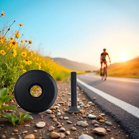 Black Front Fork Stem Top Cap And Screw for 1-1/8 inch road bike stems placed on roadside with bike and flowers in background.