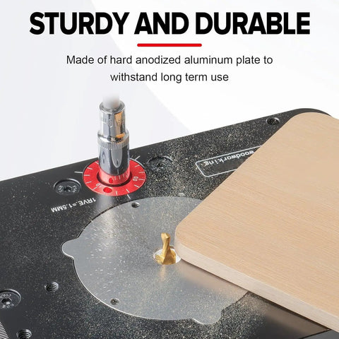 Close-up of Shop Ready Precision Router Lift Base with aluminum plate and micro adjustment knob for woodworking tables.