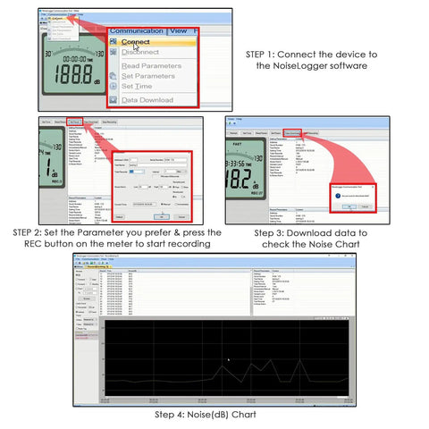 Instruction steps for using Go-To Portable Decibel Meter With Data Logger, 30 To 130 dB Range, in software interface view