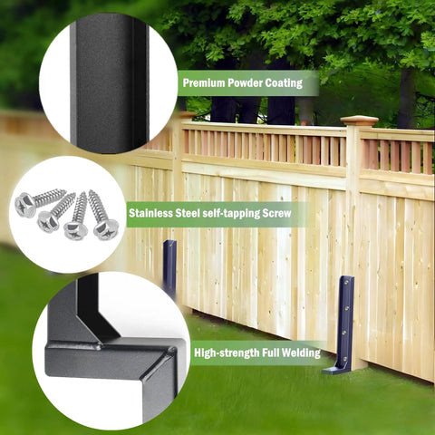 Installed Heavy Duty Fence Post Repair Stakes Kit with steel anchors on wooden fence highlighting welding and screws