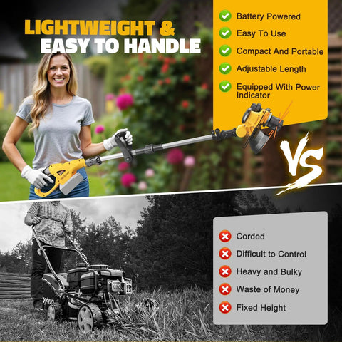 Woman holding Cordless 3 In 1 String Trimmer Edger And Lawn Care Tool With Brushless Motor And Battery Level Display, 18 Inch Line