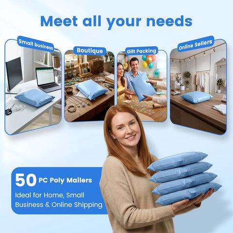 Woman holding Poly Mailers 10x13 Inches 50 Pack Self Seal Shipping Envelopes Weatherproof Tear Resistant For Clothing Water Resistant