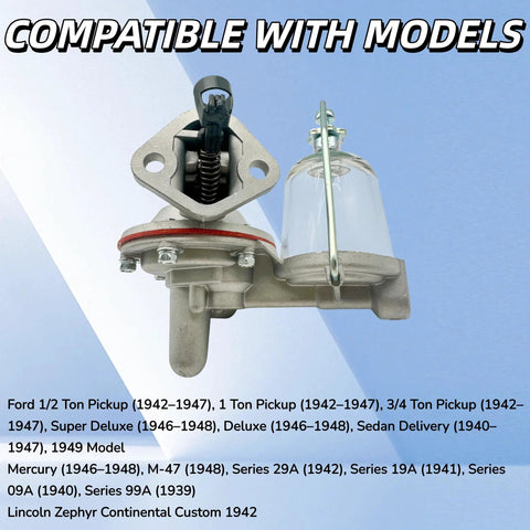 Mechanical Fuel Pump Compatible With Ford Flathead V8 Lincoln Mercury Flat Head 1939 1949 Classic Car Replacement Part For 1942 1947 Ford Half Ton And One Ton Pickups Deluxe Sedans Sedan Delivery And Mercury Lincoln Models, front view showing mounting and filter components.