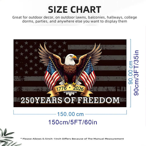 Size chart for 250 Years Of Freedom USA Flag 3x5 Ft With 3 Layer Double Sided Print Fade Resistant Reinforced Brass Grommets
