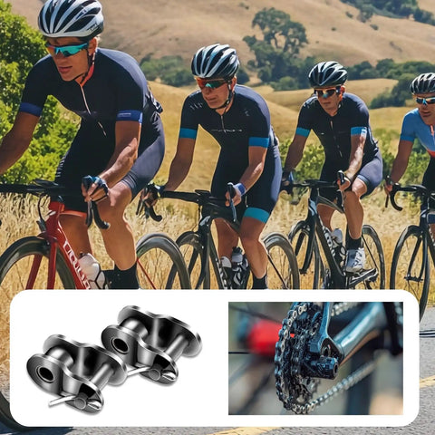 Cyclists riding with inset of 15 Piece 420 Chain Half Link Set with Offset Crank Links Durable Manganese Steel