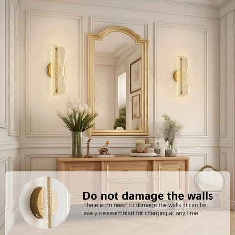 Bosomfr 14.8in Wall Sconces Rechargeable Battery Operated Wall Light in modern gold finish by a mirror in elegant setting.