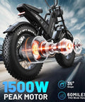 Solid Adult 20 Inch Fat Tire Electric Bike Dope Daily Ride That Crushes Commutes Goes Hard On Off Road Trails Includes Waterproof Phone Pouch And Secure Bike Lock UL Certified showing 1500W peak motor and rear tire details.