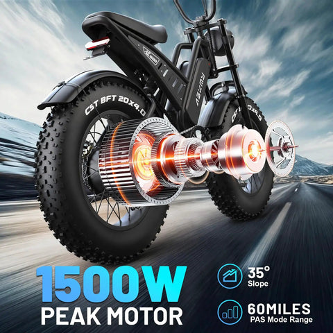 Solid Adult 20 Inch Fat Tire Electric Bike Dope Daily Ride That Crushes Commutes Goes Hard On Off Road Trails Includes Waterproof Phone Pouch And Secure Bike Lock UL Certified showing 1500W peak motor and rear tire details.