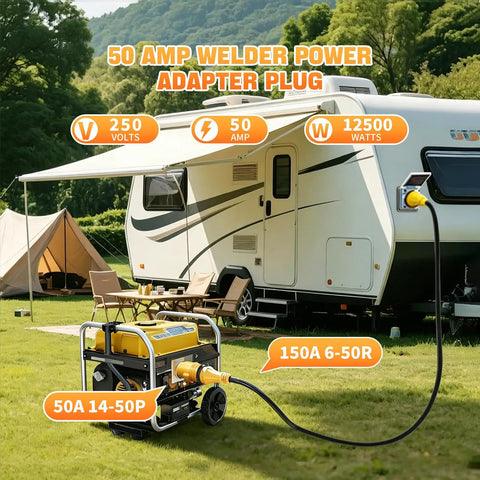 Heavy Duty Nema 14 50P To 6 50R Welder Adapter Cord 50 Amp in use with generator and RV at campsite.