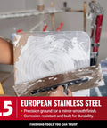Rugged 12 Inch By 4.75 Inch Flat Drywall Trowel With 0.7mm Triple Hardened Stainless Steel Blade, in use on plasterboard