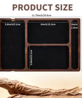 Top view of Acacia Wood Leather Valet Tray with Charging Port, showing compartment dimensions and rustic wood finish.